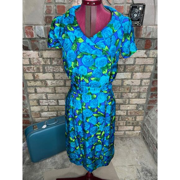 day dress 1950s button front cold rayon - Picture 1 of 16